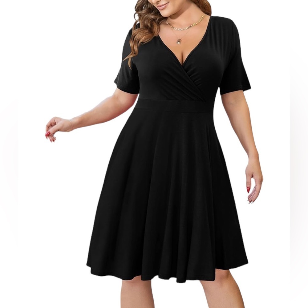 Ahlaray Women’s Short Sleeve Faux Wrap Causal Swing Dress with Pocket Size 1X